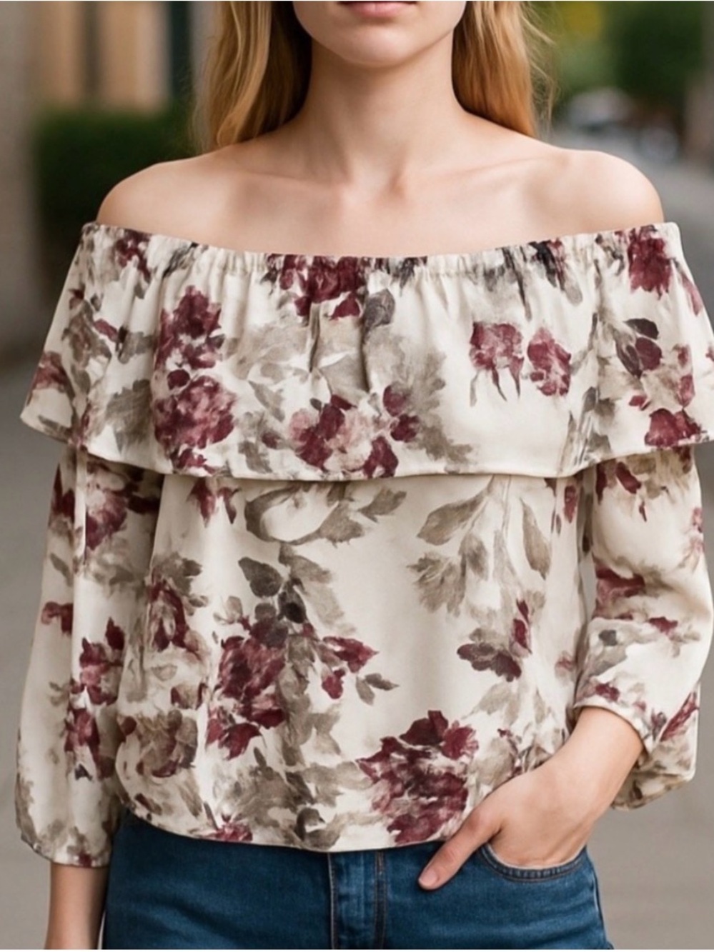 Aritzia Morel Off-Shoulder Floral Ruffle Blouse